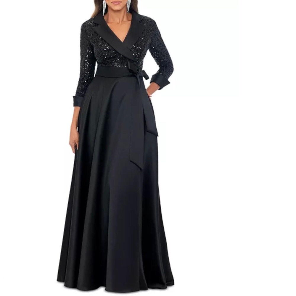 XSCAPE Sequined Tuxedo Belted Ball Gown Faux Wrap Satin Collar And Skirt Size 6